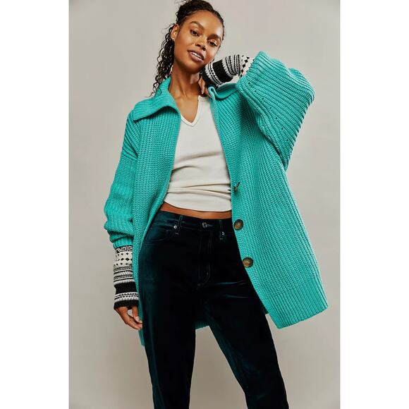 FREE PEOPLE Swim Too Deep Oversized Cardigan Womens S Turquoise Collared Button - Picture 1 of 16